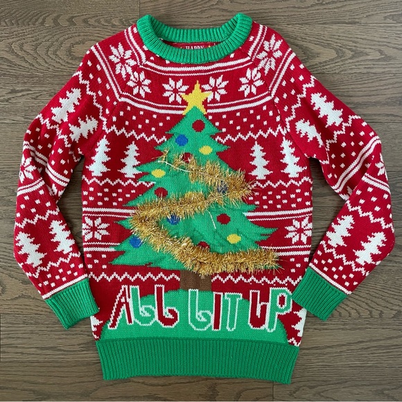 Kids Christmas Sweater - Christmas Tree - Red, Green, & White - Gold Tinsel - Picture 2 of 7